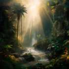 Tropical waterfall and stream landscape Art Print